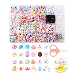 Mixed Color DIY Bracelet Jewelry Finding Kit, Bear & Animal & Geometry Acrylic Beads and 98Pcs Round Imitation Pearl Beads, Elastic Stretch Thread, Iron Findings, Zinc Alloy Clasps and Stainless Steel Scissors, Mixed Color, Beads: 800~805pcs/box