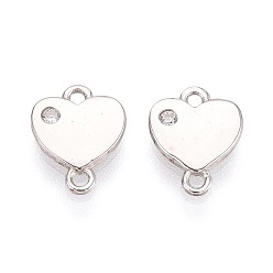 Платина 925 подвески-коннекторы из стерлингового серебра с микропаве и прозрачным фианитом, сердечные ссылки, родий, платина, 10x8x1.5 мм, отверстия : 1 mm и 1~1.2 мм