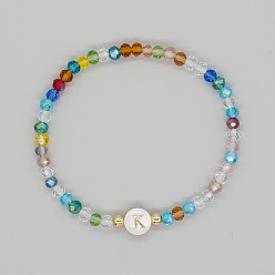 Letter K Pulseras elásticas hechas a mano, de estilo bohemio, coloridas, con cuentas de vidrio facetadas en forma de rondel., Pulseras con letras del alfabeto de conchas blancas naturales para mujer, letra k, diámetro interior: 2.36 pulgada (6 cm)