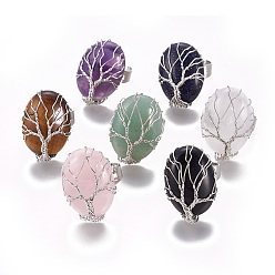 Смешанные камни Регулируемые кольца для пальцев из натурального и синтетического камня, с латунной фурнитурой платинового цвета, овальные, Размер 8, 18 мм