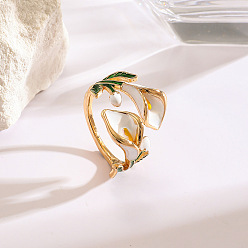 White Alloy Enamel Cuff Open Rings, Flower, Golden, White, 15~20mm
