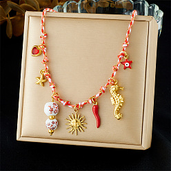 Солнце Морская тематика 304 Колье из нержавеющей стали с эмалью и фарфором, состоящее из нескольких подвесок, для женщин, золотые, красные, солнце, 16.93 дюйм (43 см), удлинитель 60мм, Кулон : 15 мм
