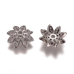 Platinum Multi-Petal Brass Micro Pave Clear Cubic Zirconia Bead Caps, Flower, Platinum, 11x3.5mm, Hole: 1.4mm