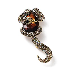 Topazee Fumée Broche en strass en alliage de style tibétain, serpent, Or antique, Smoked Topaz, 76x36x25mm, Trou: 7x5mm