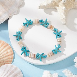 Темно-бирюзовый Браслеты из синтетической бирюзы и натуральных пресноводных ракушек для женщин, морская звезда, темные бирюзовый, внутренний диаметр: 2~2-1/8 дюйм (5.2~5.3 см)