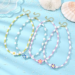 Mixed Color Polymer Clay Flower & Glass & Natural Trumpet Shell Beaded Necklaces for Women, Golden, Mixed Color, 16.69 inch(42.4cm)