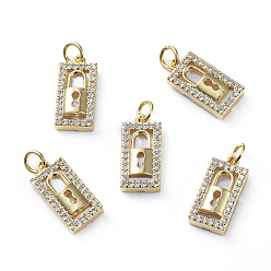 Настоящее золото 18K Латунные микро проложить кубического циркония подвески, с прыжковыми кольцами и натуральной оболочкой, долговечный, без кадмия и без свинца и без никеля, прямоугольник с замком, прозрачные, реальный 18 k позолоченный, 16x8x3 мм, отверстие : 3.4 мм