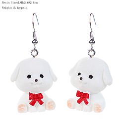 White Iron & Resin Dangle Earrings for Women, Dog, White, 28x26mm