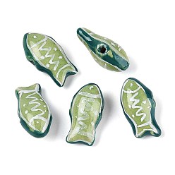 Темный Морско-зеленый Ручной фарфоровые керамические шарики, Famille выросли стиле, рыба, темно-зеленый, 22~23x10~11.5x9.5~10 мм, отверстие : 1.8~2.5 мм