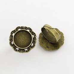 Antique Bronze Adjustable Iron Flower Finger Ring Components Alloy Cabochon Bezel Settings, Lead Free & Cadmium Free & Nickel Free, Antique Bronze, 17x5mm, Flat Round Tray: 15mm