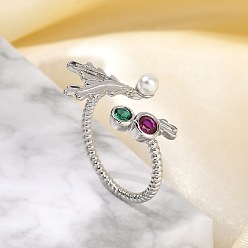 Платина Кольца-манжеты из листовой латуни с микропаве из кубического циркония для женщин, с ABS имитации жемчуга, без свинца и без кадмия, платина, внутренний диаметр: регулируемый