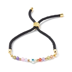 Black Adjustable Cubic Zirconia Beads Nylon Thread Slider Bracelets, with Natural White Shell and Synthetic Turquoise, Cross with Evil Eye, Black, 0.28cm, Inner Diameter: 3/4 inch(1.8~7cm)