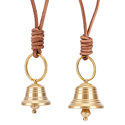 Золотой 2шт. латунный колокольчик подвесной декор, с 2шт. латунных застежек из коровьей кожи для брелков, золотые, 34~45x29~39 мм, отверстие : 1.2 мм