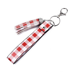 Red PU Leather Tassel Keychain, with Rhinestone, Plastic, Alloy Lobster Claw Clasps and Iron Split Key Rings, Tartan Pattern, Platinum, Red, 22.7cm