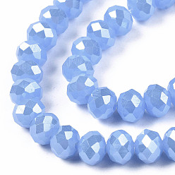 Cornflower Blue Electroplate Glass Beads Strands, Imitation Jade Beads, Pearl Luster Plated, Faceted, Rondelle, Cornflower Blue, 6x5mm, Hole: 1mm, about 87~90pcs/strand, 17~17.5 inch(42.5~43.75cm)
