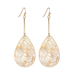 Золотой Латунь болтаться серьги, капля с рисунком листьев гинкго, золотые, 58x38 мм