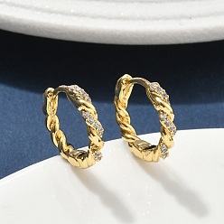 Настоящее золото 18K Латунные серьги-кольца из прозрачного кубического циркония, твист кольцо, реальный 18 k позолоченный, 14x16x2.5 мм