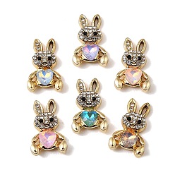 Golden Alloy Rhinestone Pendants, Rabbit Charms, with Glass, UV Plating, Mixed Color, Golden, 21x13x4.5mm, Hole: 2.5x0.8mm