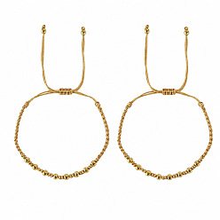 Tan Round Brass Braided Bead Bracelet Sets for Women Men, Adjustable Stackable Bracelets, Golden, Tan, 11.02 inch(28cm), 2pcs/set