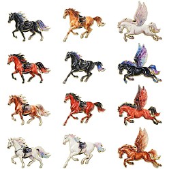 Couleur Mélangete 12 pièces 12 styles épingles à revers en alliage émaillé à motif cheval, badge créatif pour les vêtements de sac à dos, or et de lumière, couleur mixte, 25~34x35~39mm, 1 pc / style