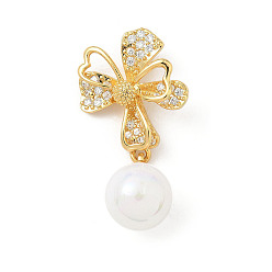 Цветок Латунные микро проложить кубического циркония подвески, с имитацией жемчужина бисера, реальный 18 k позолоченный, цветок, 30x16x10 мм, отверстие : 4x2 мм