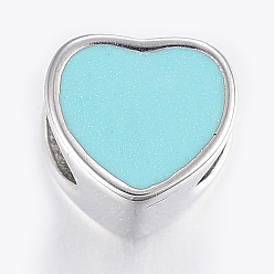 Голубой 304 Бусины из эмалированной нержавеющей стали, бусины с большим отверстием, сердце, голубой, 9x10x7.5 мм, отверстие : 5 мм