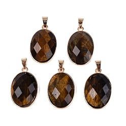 Tiger Eye Natural Tiger Eye Pendants, Brass Oval Bezeled Charms, with Iron Snap On Bails, Faceted, Golden, 31.5x20x8~9mm, Hole: 6.5~7.5x3.5~4.5mm