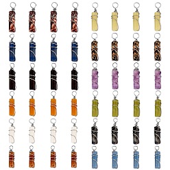 Mixed Stone 48Pcs 12 Styles Natural Mixed Stone Pendants, with Platinum Plated Eco-Friendly Brass Wire Wrapped, Column, Mixed Dyed and Undyed, 19.5~20x5~5.5mm, Hole: 2.4~2.7mm, 4pcs/style