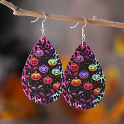 Purple Halloween Wood Earrings, with Stainless Steel Earrings Hook, Teardrop with Pumpkin, Purple, 75x35mm