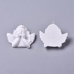 White Resin Pendants, with Platinum Plated Iron Screw Eye Pin Peg Bails, Angel, White, 30.5x32.5x9.5mm, Hole: 1.5mm