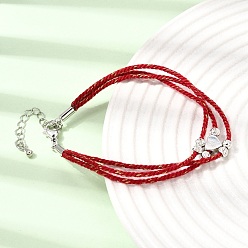 Red Polyester Multi-Strand Bracelets, Brass Heart Bead Bracelets with 202 Stainless Steel Lobster Claw Clasps, Platinum & Stainless Steel Color, Red, 7.09 inch(18cm)