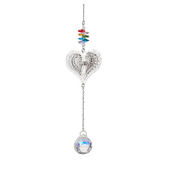 Сердце Латунные полые подвесные украшения, Цепочка из нержавеющей стали и круглая стеклянная кисточка для украшения дома и сада на открытом воздухе, сердце, 290x43.5 мм