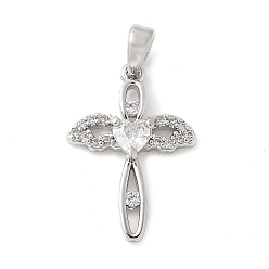 Платина Латунные микро проложить кубического циркония подвески, без кадмия, без никеля и без свинца, сердце с крыла прелести, платина, 20.5x14x3 мм, отверстие : 4.5x2.5 мм