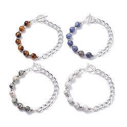 Mixed Stone Natural Mixed Stone Round Beaded Bracelets Set with Curb Chain for Men Women, Silver, 8-1/8 inch(20.5cm), 4pcs/set