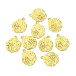 Golden Tibetan Style Alloy Pendants, Cadmium Free & Nickel Free & Lead Free, Flat Round with Leaf, Golden, 22x18x1mm, Hole: 1mm