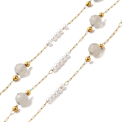 Лабрадорита Ручная работа 304 цепочки из нержавеющей стали и натурального лабрадорита, пайки, с 316 кабельными цепочками из нержавеющей стали, абс пластик жемчужина и катушка, ионное покрытие (ip), бусины : 4~4.5 мм