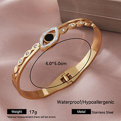 Horse Eye 304 Stainless Steel Black Enamel Hinged Cuff Bangles with Crystal Rhinestone for Women, Golden, Horse Eye, Inner Diameter: 2.36 inch(6cm)