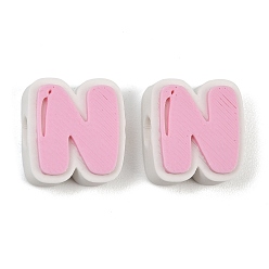Letter N Cuentas de plástico europeo, abalorios de grande agujero, rosa, letra n, 17.5~18x8~20x8 mm, agujero: 4.5 mm