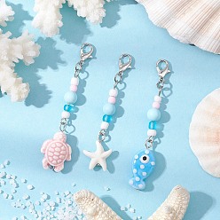 (52) Непрозрачная лаванда 3 шт. фарфоровые подвески-шармы и стеклянные бусины с морской тематикой, Сплав с застежками когтя омара, рыба, морская звезда и черепаха, разноцветные, 57.5~64 мм