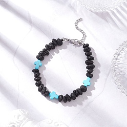 Темно-бирюзовый Браслеты из бисера с крестом из синтетической бирюзы и натуральными самородками лавы, платина, темные бирюзовый, 7-1/2 дюйм (19 см)