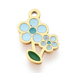 Светло-Синий 304 из нержавеющей стали шармы эмали, цветочный шарм, ионное покрытие (ip), реальный 14 k позолоченный, голубой, 12.2x7.5x0.9 мм, отверстие : 1 мм