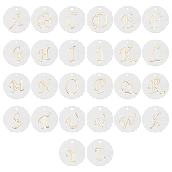 Letter A~Z Natural Freshwater Shell Pendants, with Golden Plated Brass Etched Metal Embellishments, Flat Round with Letter, Alphabet, Letter A~Z, 15x2mm, Hole: 1.2mm, 26pcs/set, 2sets/box