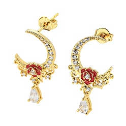 Real 18K Gold Plated Moon & Rose Brass Micro Pave Cubic Zirconia Dangle Stud Earrings, with Red Enamel, Long-Lasting Plated, Cadmium Free & Lead Free, Real 18K Gold Plated, 23.5x14mm