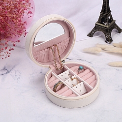 Old Lace PU Leather Jewelry Box, Travel Portable Jewelry Case, Zipper Storage Boxes with Mirror Inside, for Necklaces, Rings, Earrings and Pendants, Flat Round with Crown, Old Lace, 11x5cm