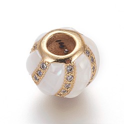 (404) Непрозрачное AB Кислое яблоко Латунные микро проложить Цирконий Европейский бисером, бусины с большим отверстием, с эмалью и пресноводной оболочкой, круглые, золотые, цветочный белый, 10x8 мм, отверстие : 4 мм