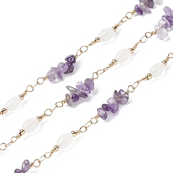 Аметист Латунные цепные цепи, со стеклянными и аметистовыми бусинами, долговечный, пайки, с катушкой, золотые, 20x4.5 мм, около 16.40 футов (5 м) / рулон