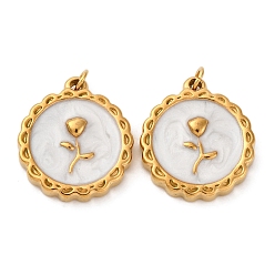 Белый 304 нержавеющей стальной эмали подвески, плоская круглая с подвеской в виде цветка, с целью перехода в кольце, ионное покрытие (ip), реальный 18 k позолоченный, белые, 18x16x3.5 мм, отверстие : 2.5 мм