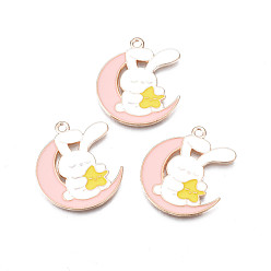 Pink Подвески из эмали и сплава, без кадмия и без свинца, кролик с луной, розовые, 28x24x1.5 мм, отверстие : 1.8 мм