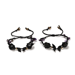 Amethyst Natural Amethyst & Aphrizite & Synthetic Hematite Nuggets Braided Bead Bracelet, Butterfly Adjustable Bracelet, Inner Diameter: 2-1/4~4-1/8 inch(5.7~10.6cm)