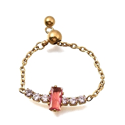 Rectangle 304 Регулируемые кольца цепи из нержавеющей стали с инкрустацией кубическим цирконием, золотые, прямоугольные, внутренний диаметр: 15~17 мм, Поверхность: 16x7 мм